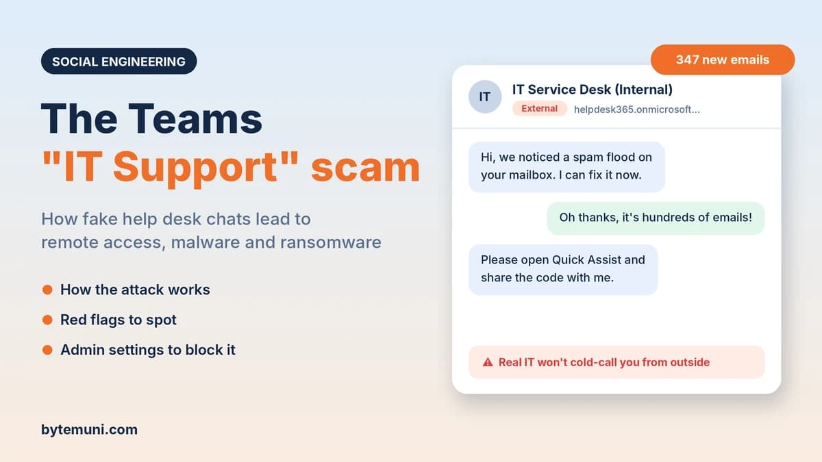 Microsoft Teams IT Support Scam Microsoft Teams IT support scam example: an external "IT Service Desk" chat asks the user to open Quick Assist after their inbox fills with 347 spam emails